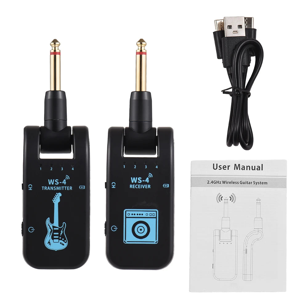 Wireless System for Guitar, 2.4G Rechargeable Transmitter and Receiver, Real Time Plug Play Transmission for Electric Bass