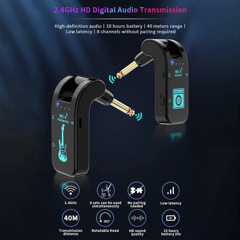 Wireless System for Guitar, 2.4G Rechargeable Transmitter and Receiver, Real Time Plug Play Transmission for Electric Bass