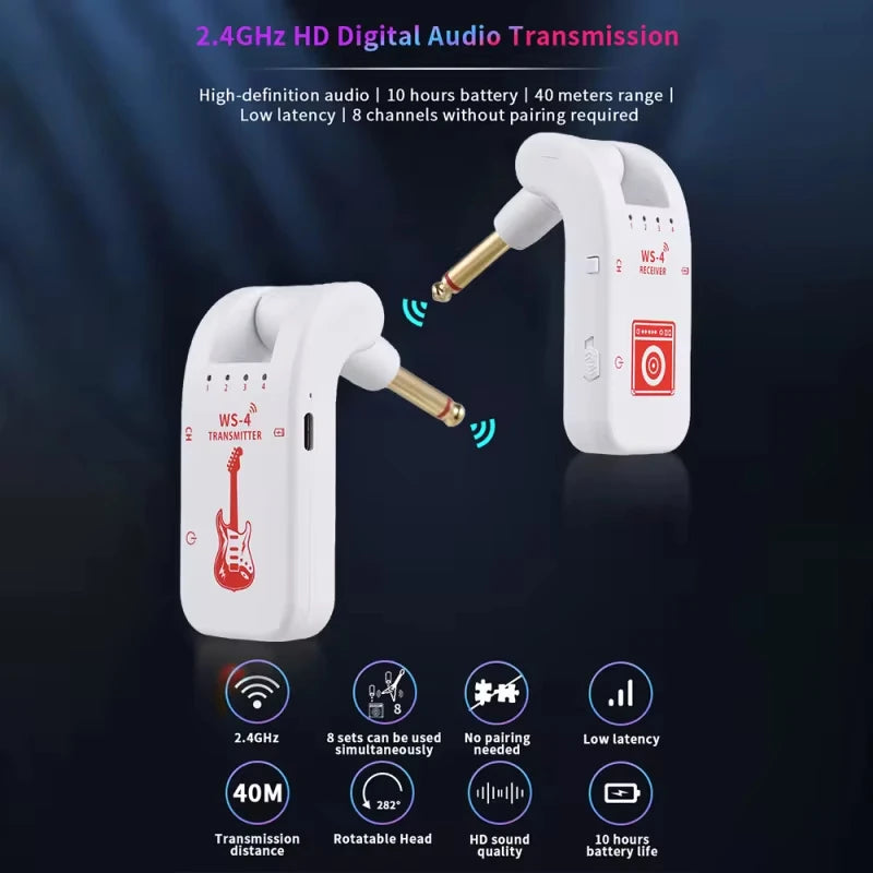 Wireless System for Guitar, 2.4G Rechargeable Transmitter and Receiver, Real Time Plug Play Transmission for Electric Bass